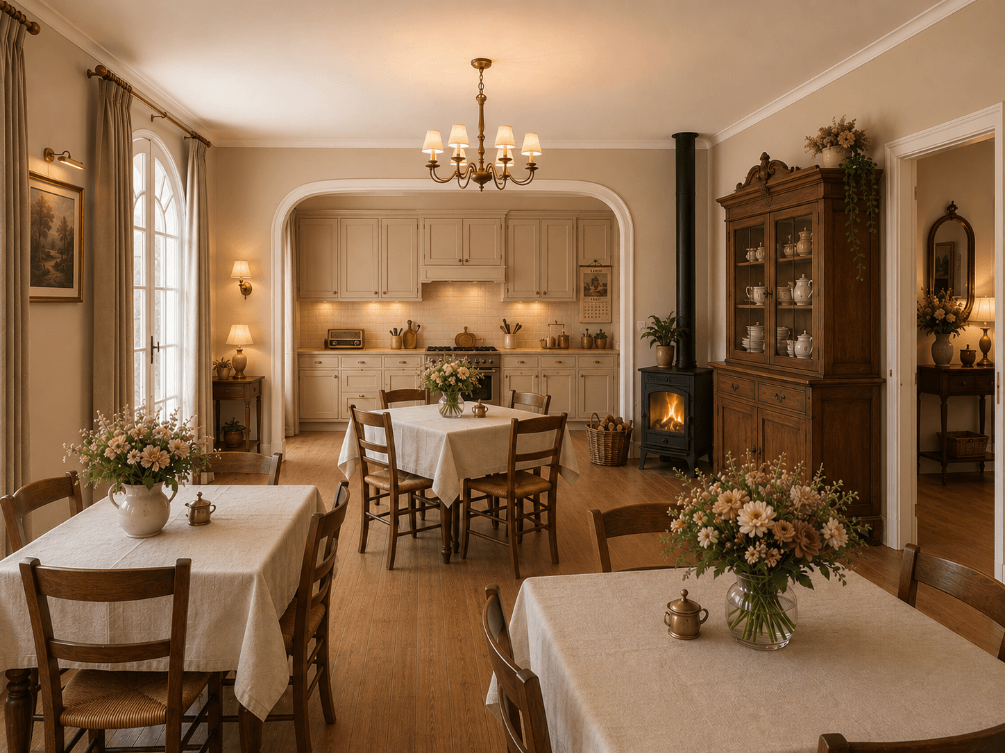 Salle à manger pour seniors à Lourdes avec 3 tables de 4 personnes et une cuisine ouverte dans le fond de la pièce