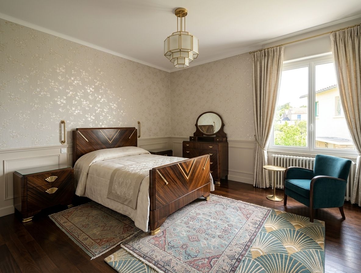 Une chambre meublée en style art déco aux Jardins de la Bastide, avec mobilier d'époque en bois précieux