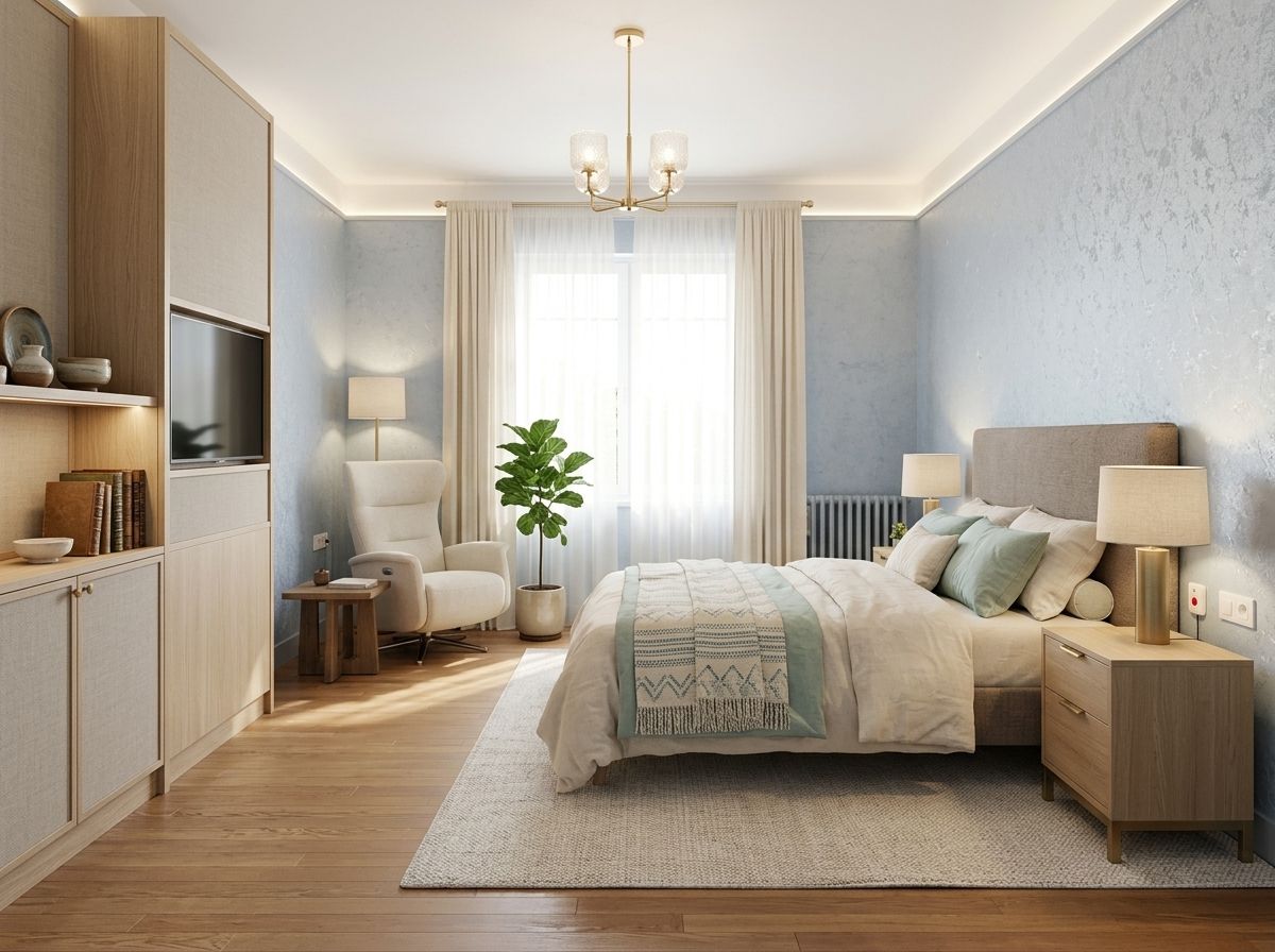 Une chambre privative des Jardins de la Bastide, avec son coin salon et son fauteuil près de la fenêtre