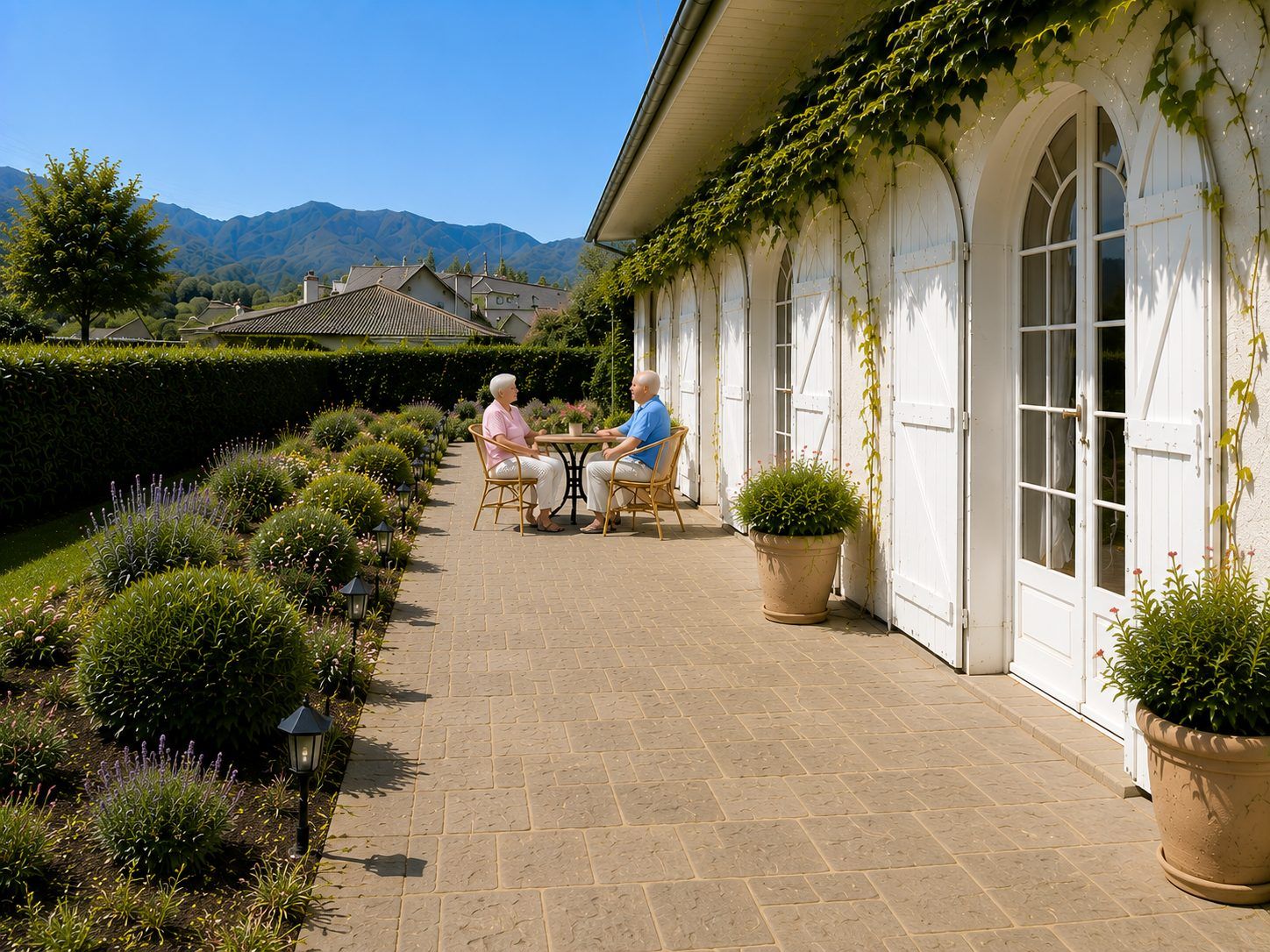 La terrasse de la Villa Hortensia à Lourdes, bordée de lavandes, avec vue sur les montagnes