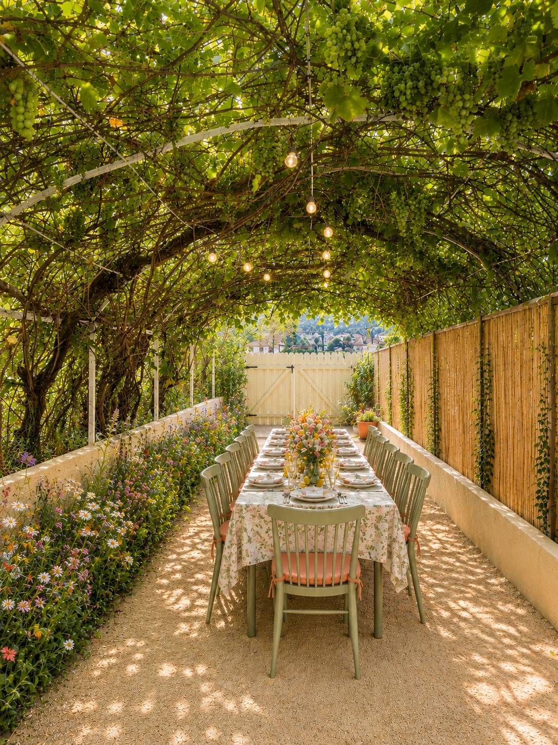 Une grande tablée dressée sous la tonnelle de vigne de la Villa Hortensia à Lourdes